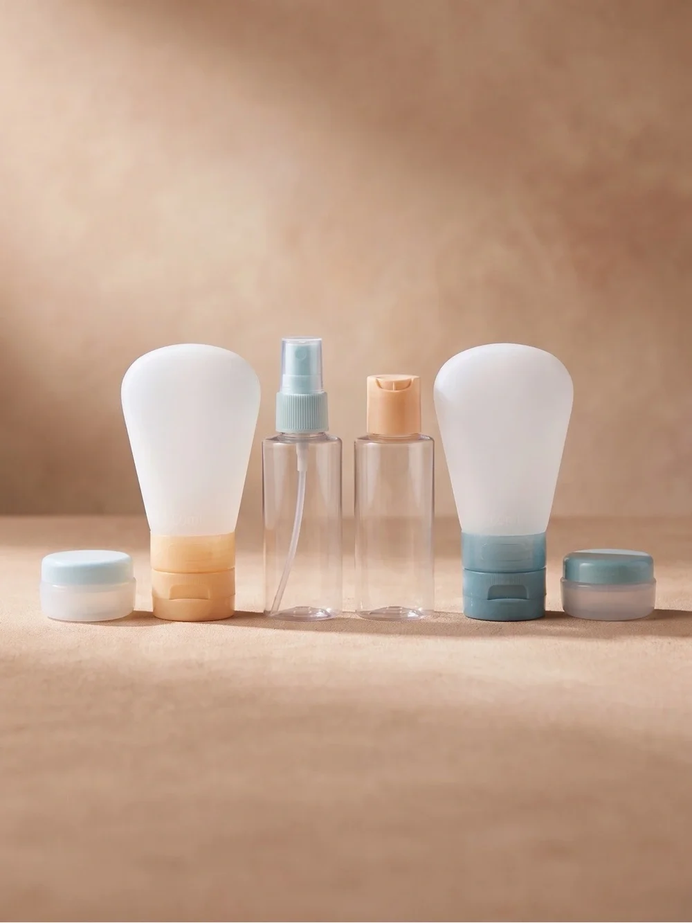 Travel Toiletry Bottle Set in Pastel Blue & Peach